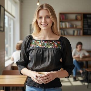 Boho Oaxaca Mexico Navy Blue Floral Top New